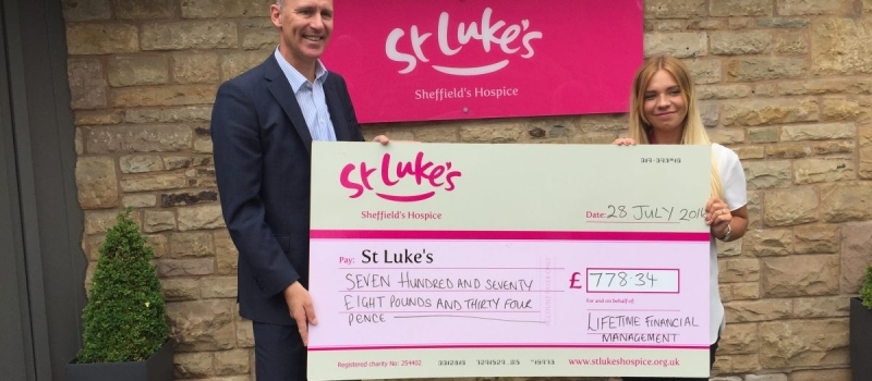 Lovely surprise for Sheffield-based St Luke’s as Lifetimer Lambo pops along with hospice cheque!